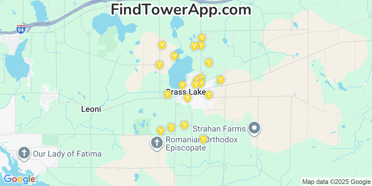Map showing the 20 primary cell tower locations detected in Grass Lake, Michigan from AT&T, Verizon, and T-Mobile networks