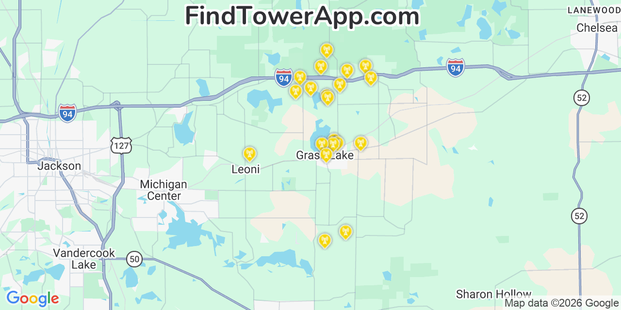 Map showing the 20 primary cell tower locations detected in Grass Lake, Michigan from AT&T, Verizon, and T-Mobile networks