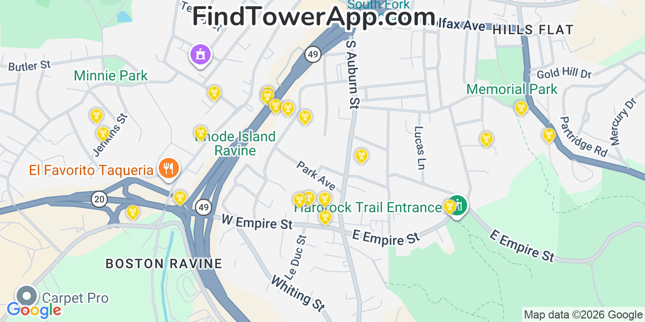 Map showing the 20 primary cell tower locations detected in Grass Valley, California from AT&T, Verizon, and T-Mobile networks