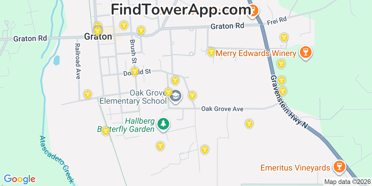 Map showing the 20 primary cell tower locations detected in Graton, California from AT&T, Verizon, and T-Mobile networks