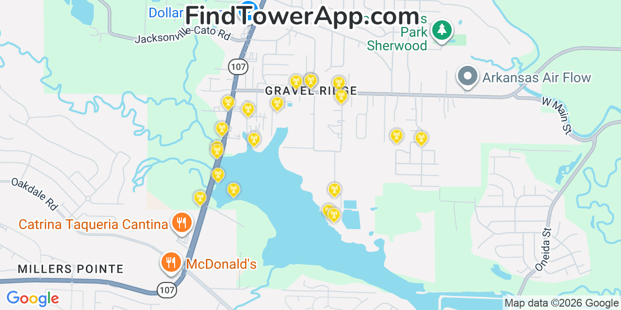 Map showing the 20 primary cell tower locations detected in Gravel Ridge, Arkansas from AT&T, Verizon, and T-Mobile networks