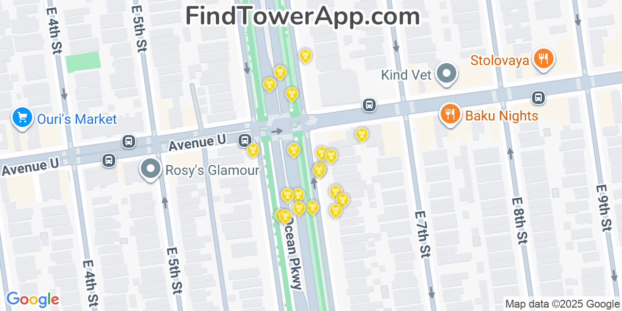 Map showing the 20 primary cell tower locations detected in Gravesend, New York from AT&T, Verizon, and T-Mobile networks