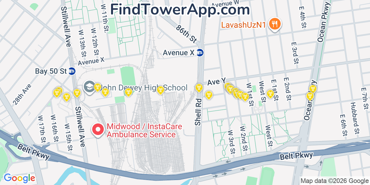 Map showing the 20 primary cell tower locations detected in Gravesend, New York from AT&T, Verizon, and T-Mobile networks