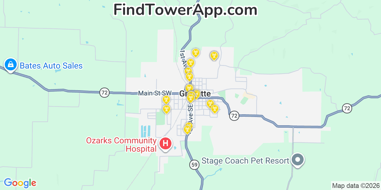 Map showing the 20 primary cell tower locations detected in Gravette, Arkansas from AT&T, Verizon, and T-Mobile networks