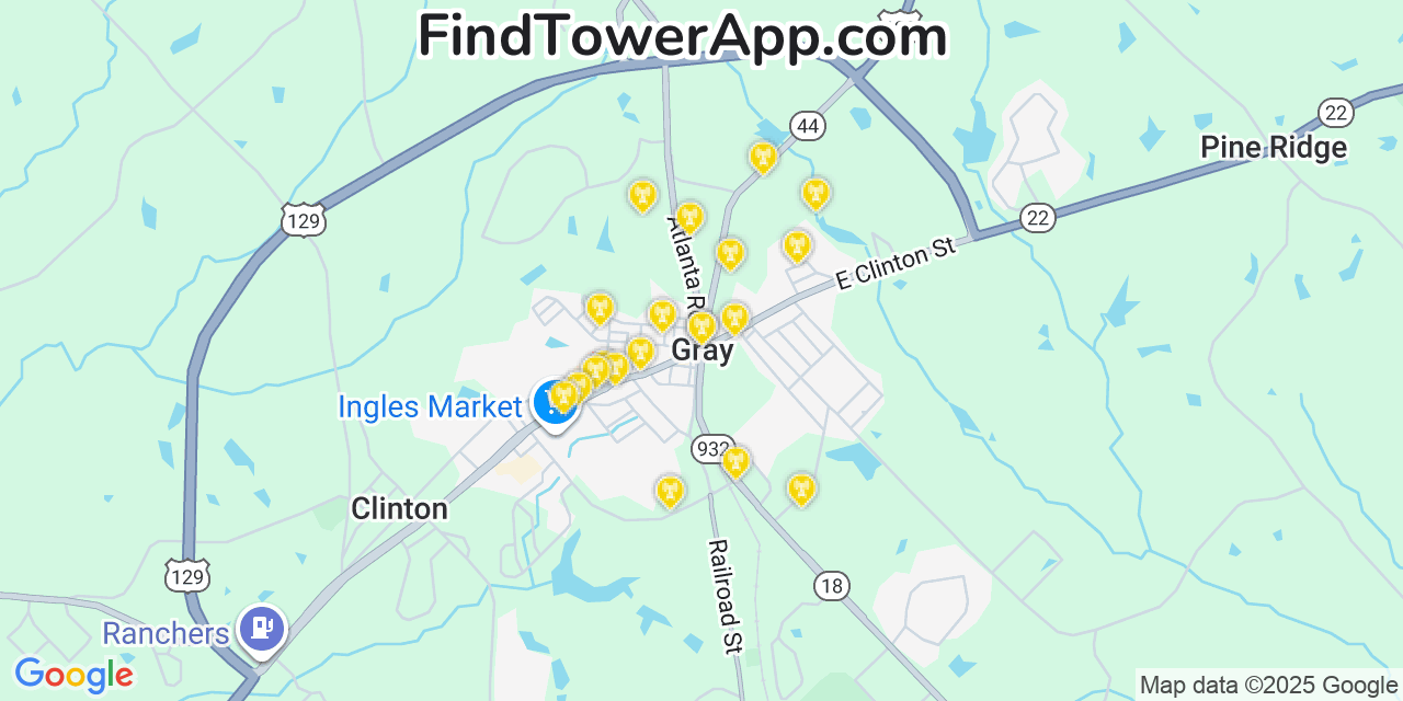 Map showing the 20 primary cell tower locations detected in Gray, Georgia from AT&T, Verizon, and T-Mobile networks