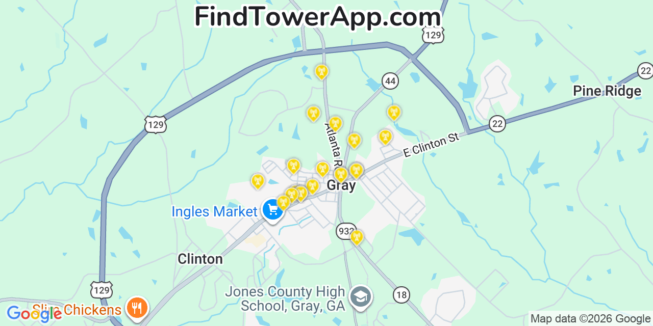 Map showing the 20 primary cell tower locations detected in Gray, Georgia from AT&T, Verizon, and T-Mobile networks