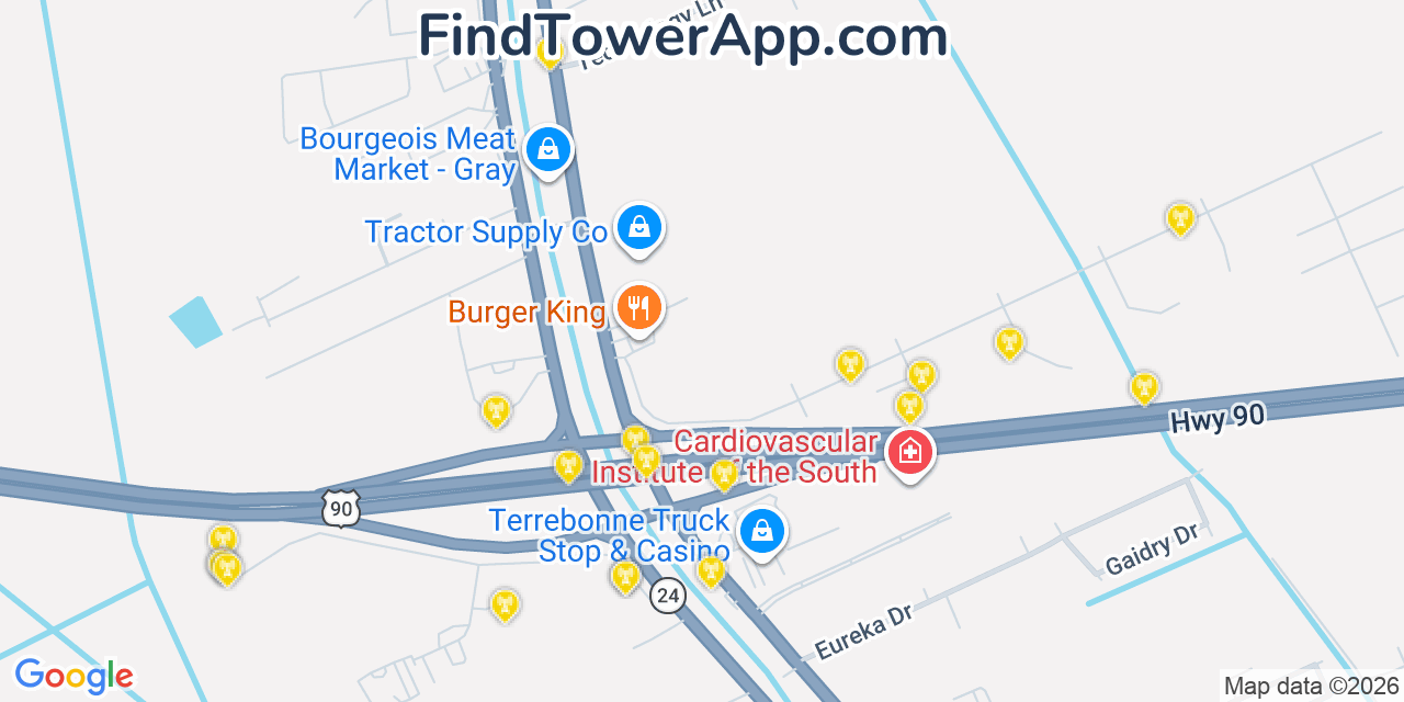 Map showing the 20 primary cell tower locations detected in Gray, Louisiana from AT&T, Verizon, and T-Mobile networks