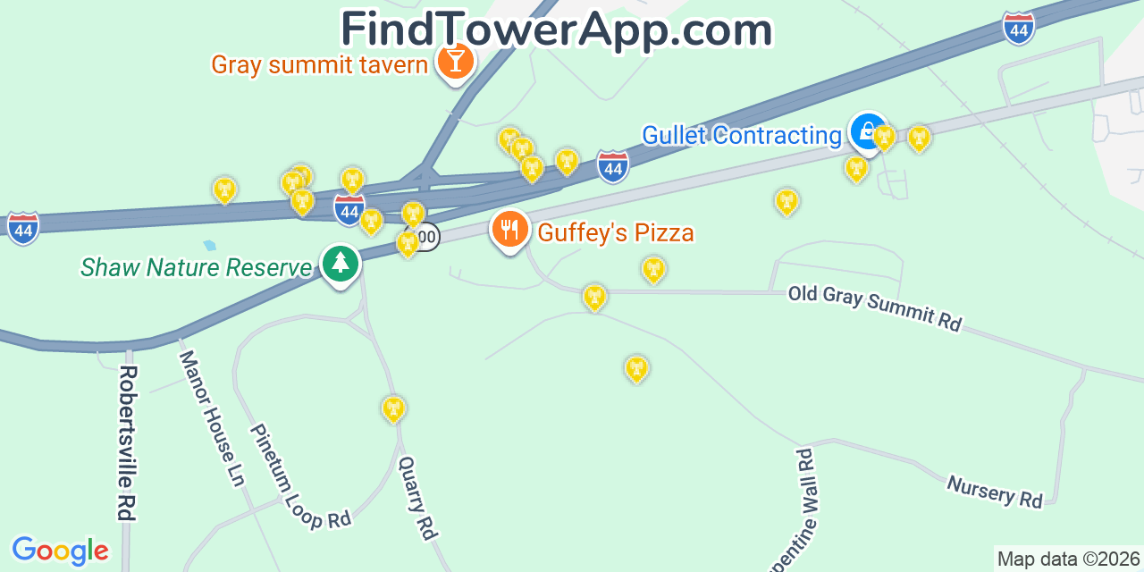 Map showing the 20 primary cell tower locations detected in Gray Summit, Missouri from AT&T, Verizon, and T-Mobile networks