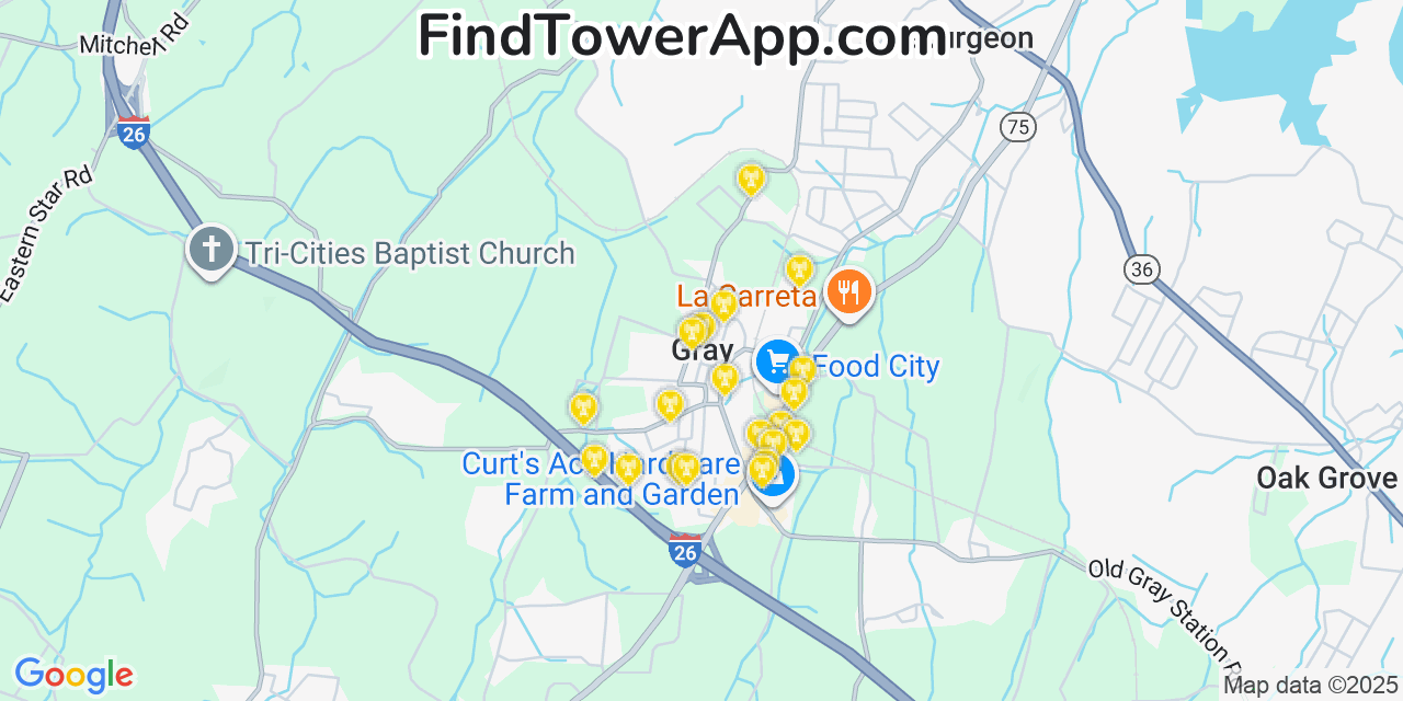 Map showing the 20 primary cell tower locations detected in Gray, Tennessee from AT&T, Verizon, and T-Mobile networks