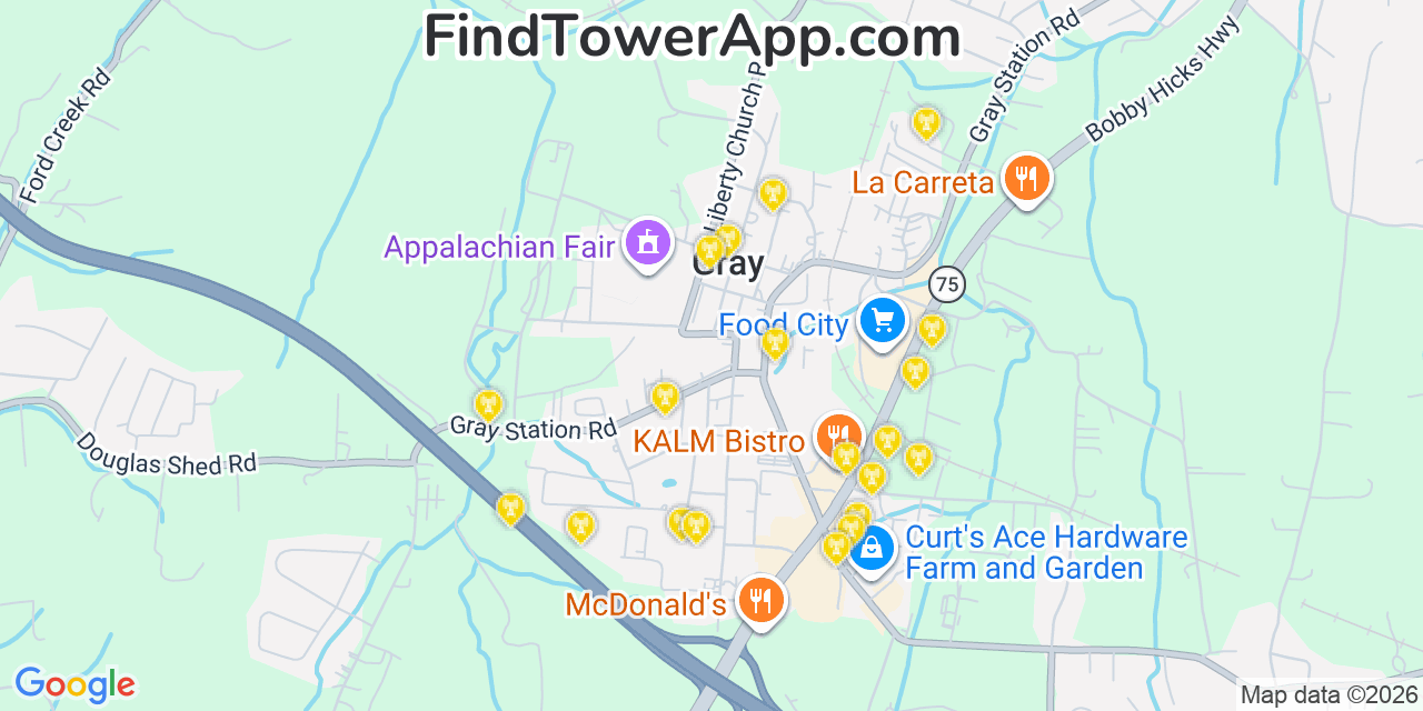Map showing the 20 primary cell tower locations detected in Gray, Tennessee from AT&T, Verizon, and T-Mobile networks