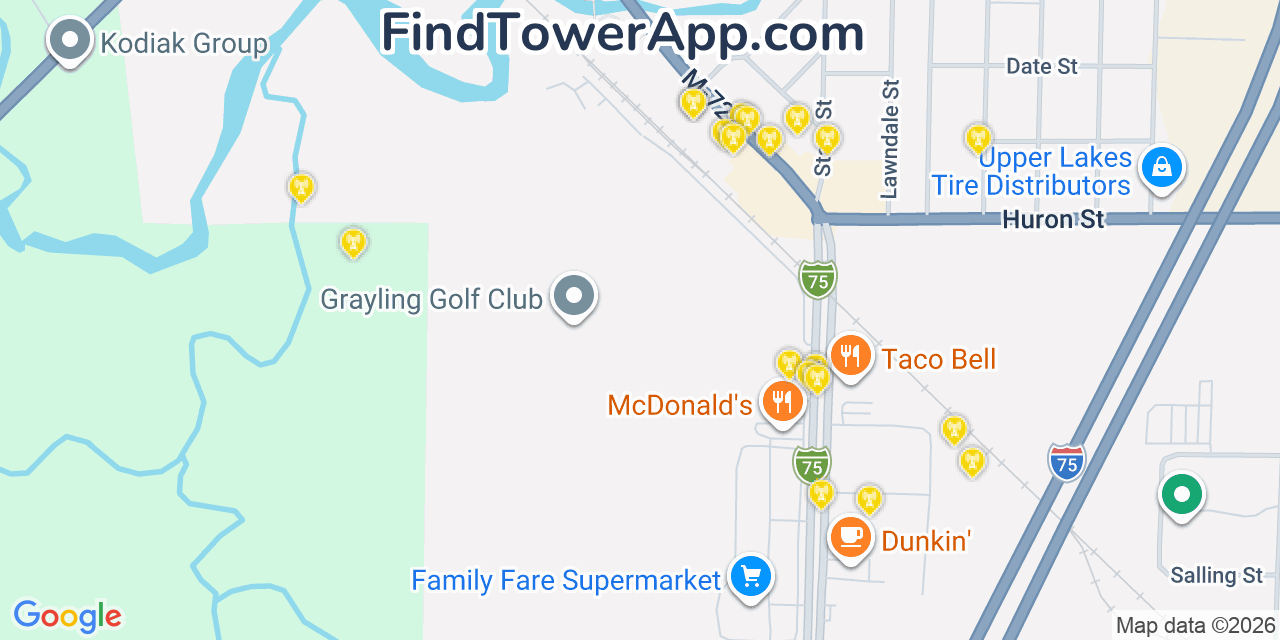 Map showing the 20 primary cell tower locations detected in Grayling, Michigan from AT&T, Verizon, and T-Mobile networks