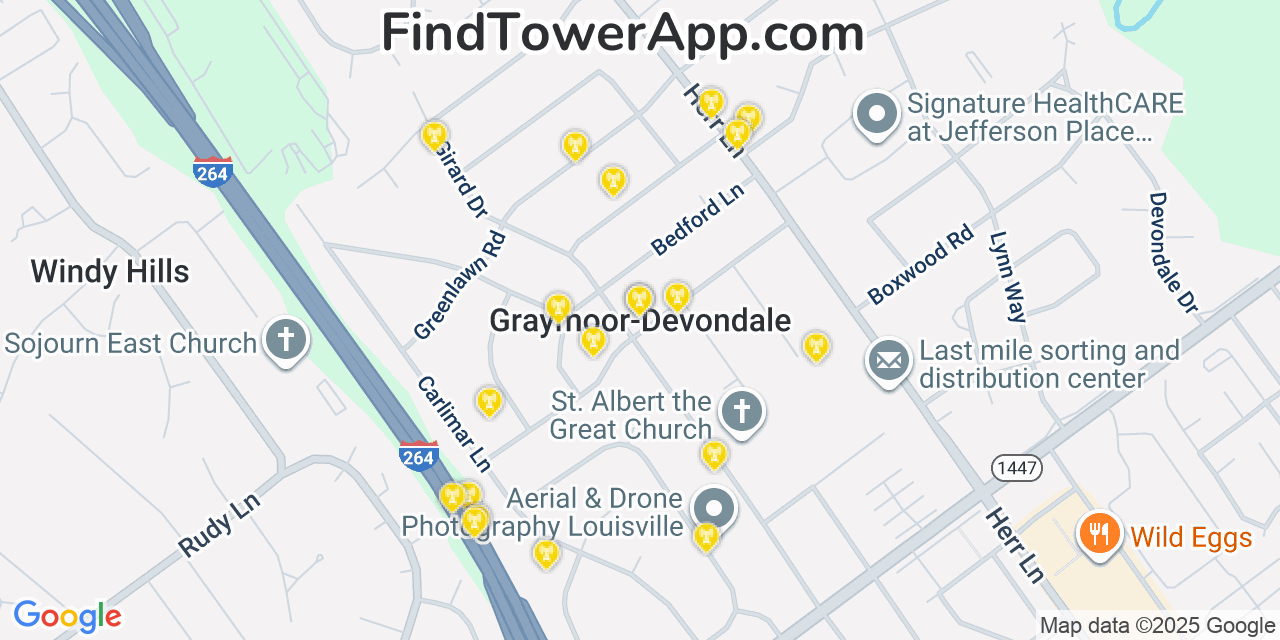 Map showing the 20 primary cell tower locations detected in Graymoor-Devondale, Kentucky from AT&T, Verizon, and T-Mobile networks