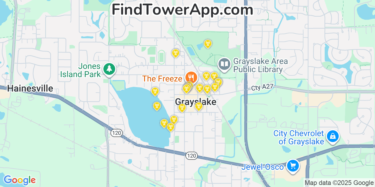 Map showing the 20 primary cell tower locations detected in Grayslake, Illinois from AT&T, Verizon, and T-Mobile networks
