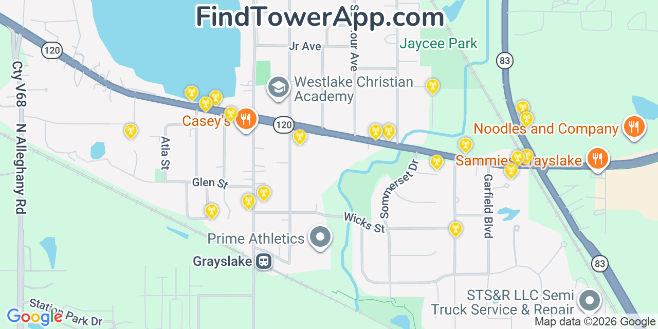 Map showing the 20 primary cell tower locations detected in Grayslake, Illinois from AT&T, Verizon, and T-Mobile networks