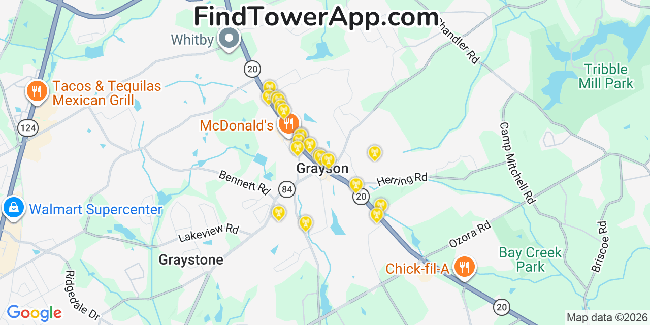 Map showing the 20 primary cell tower locations detected in Grayson, Georgia from AT&T, Verizon, and T-Mobile networks