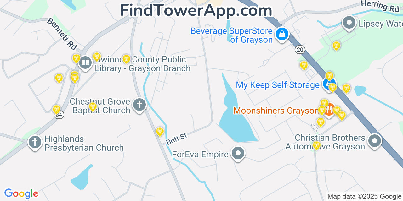 Map showing the 20 primary Mobitel cell tower locations detected in Grayson, Georgia with coverage radius and signal strength indicators