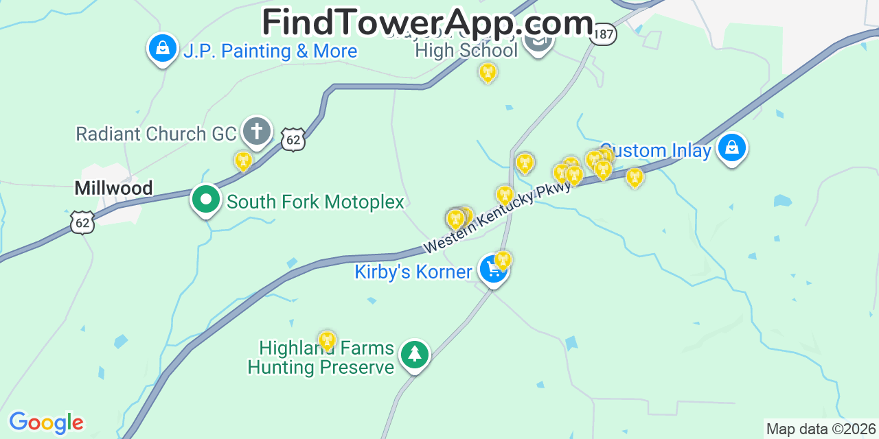 Map showing the 20 primary cell tower locations detected in Grayson, Kentucky from AT&T, Verizon, and T-Mobile networks