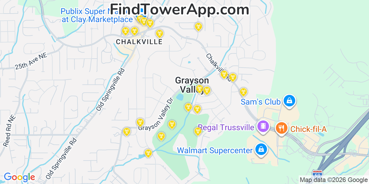 Map showing the 20 primary cell tower locations detected in Grayson Valley, Alabama from AT&T, Verizon, and T-Mobile networks