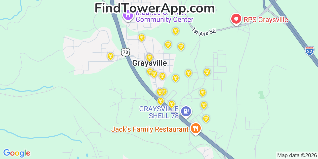 Map showing the 20 primary cell tower locations detected in Graysville, Alabama from AT&T, Verizon, and T-Mobile networks