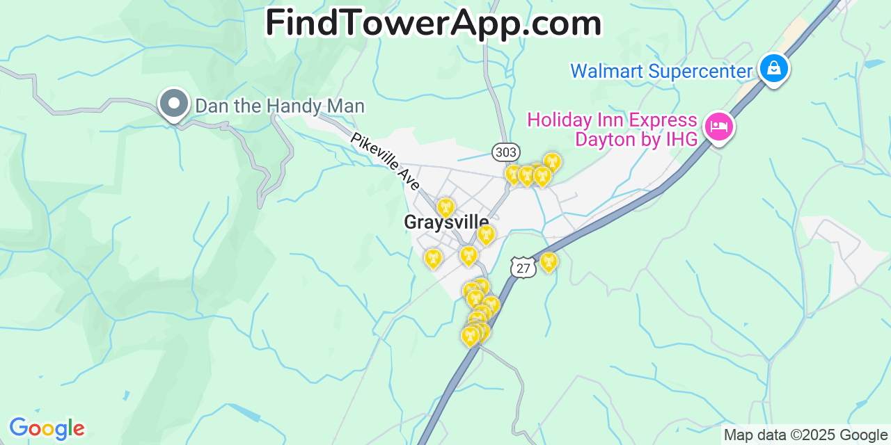Map showing the 20 primary cell tower locations detected in Graysville, Tennessee from AT&T, Verizon, and T-Mobile networks