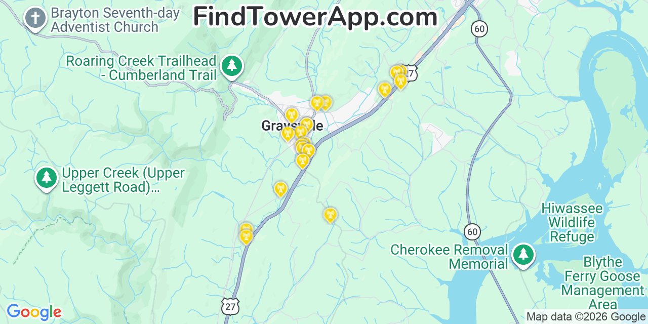 Map showing the 20 primary cell tower locations detected in Graysville, Tennessee from AT&T, Verizon, and T-Mobile networks