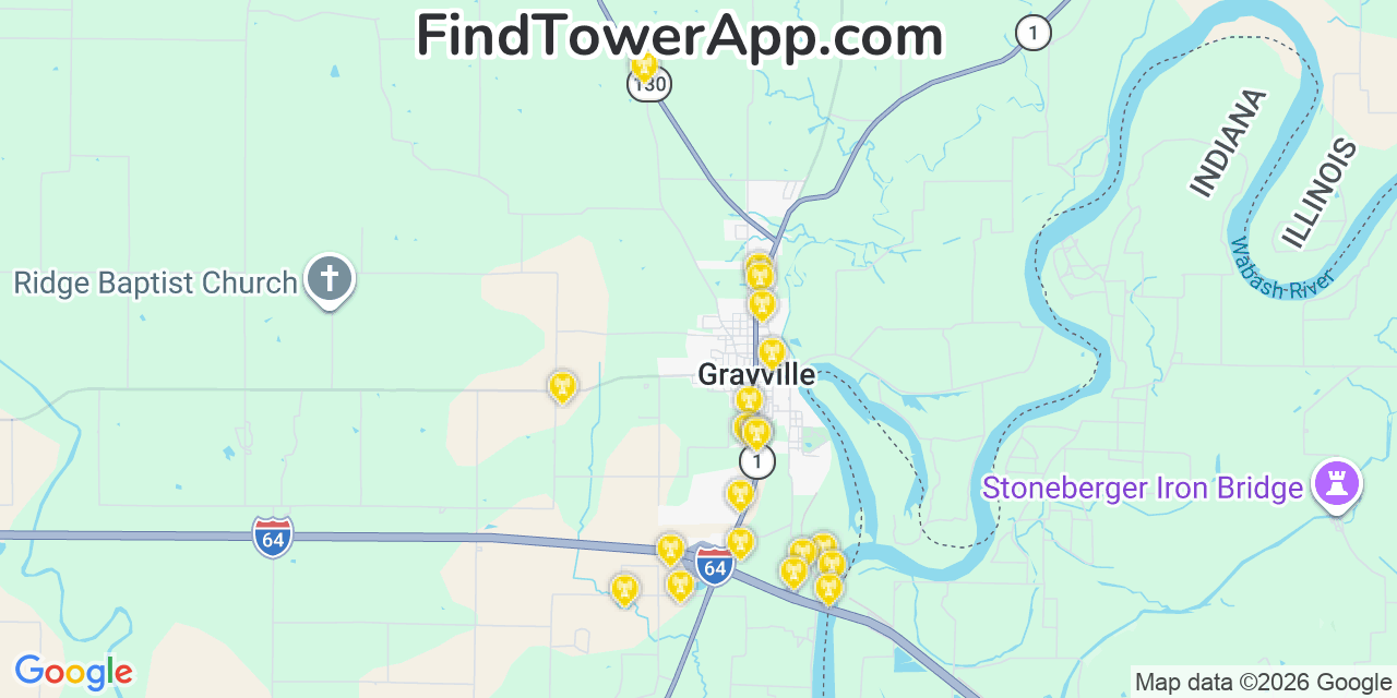 Map showing the 20 primary cell tower locations detected in Grayville, Illinois from AT&T, Verizon, and T-Mobile networks