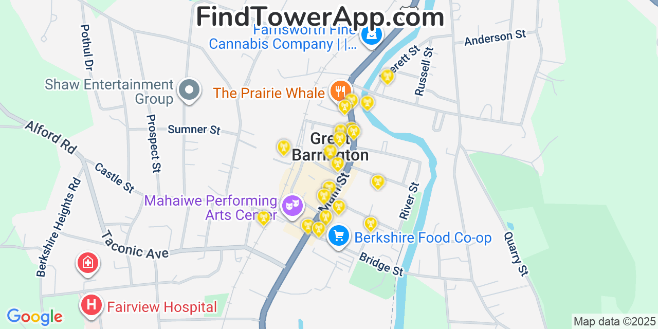 Map showing the 20 primary cell tower locations detected in Great Barrington, Massachusetts from AT&T, Verizon, and T-Mobile networks