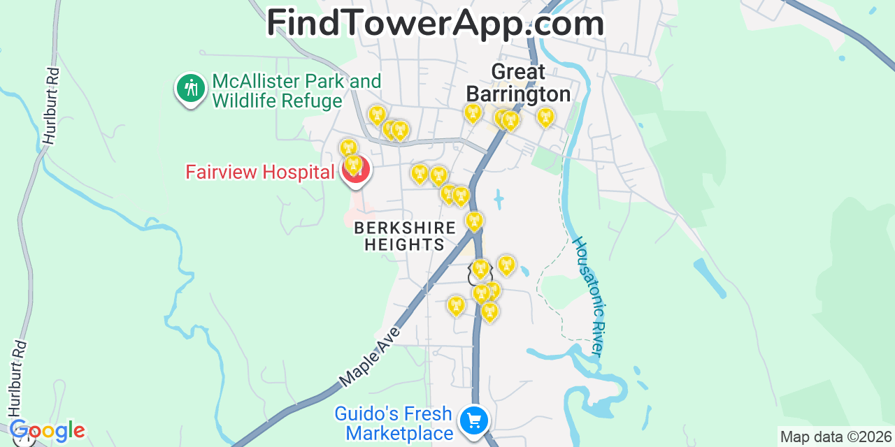 Map showing the 20 primary cell tower locations detected in Great Barrington, Massachusetts from AT&T, Verizon, and T-Mobile networks