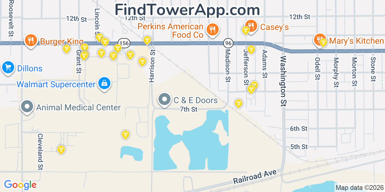 Map showing the 20 primary cell tower locations detected in Great Bend, Kansas from AT&T, Verizon, and T-Mobile networks