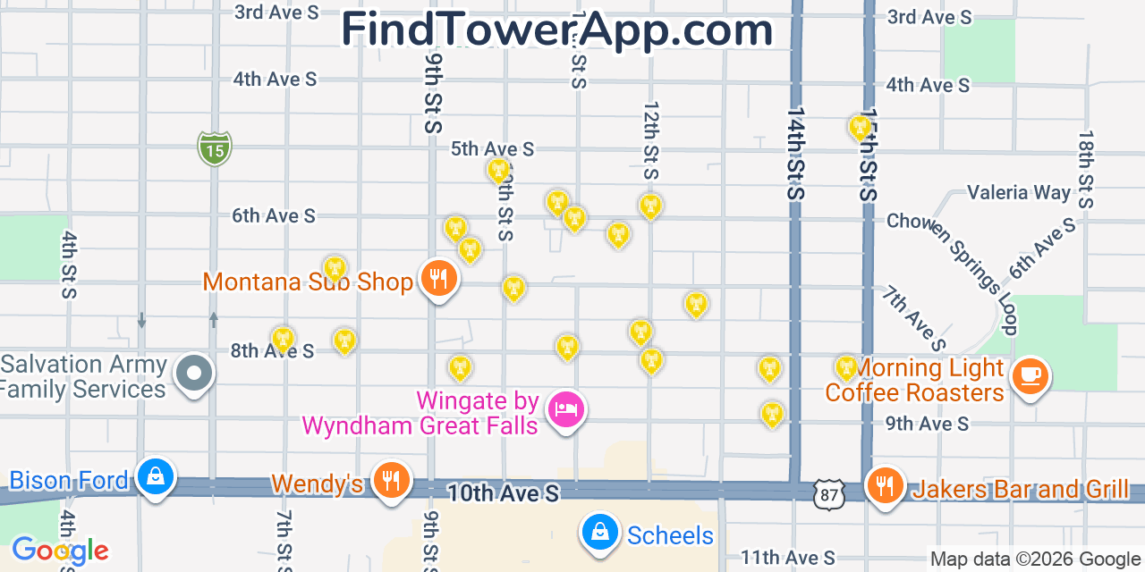 Map showing the 20 primary cell tower locations detected in Great Falls, Montana from AT&T, Verizon, and T-Mobile networks