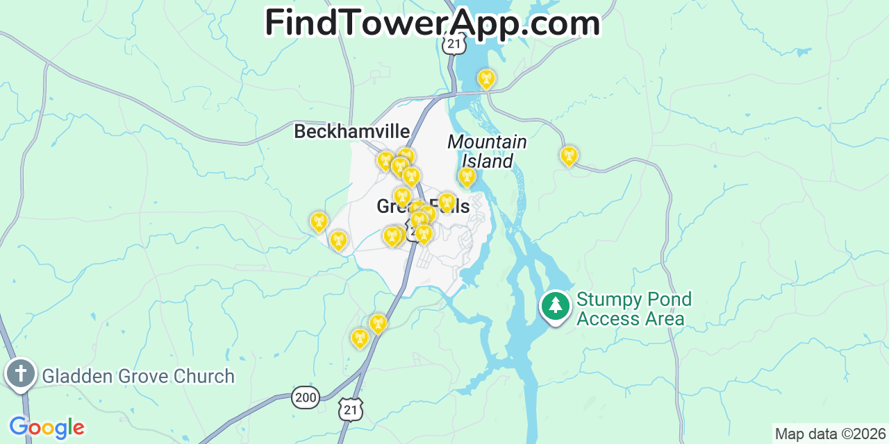 Map showing the 20 primary cell tower locations detected in Great Falls, South Carolina from AT&T, Verizon, and T-Mobile networks