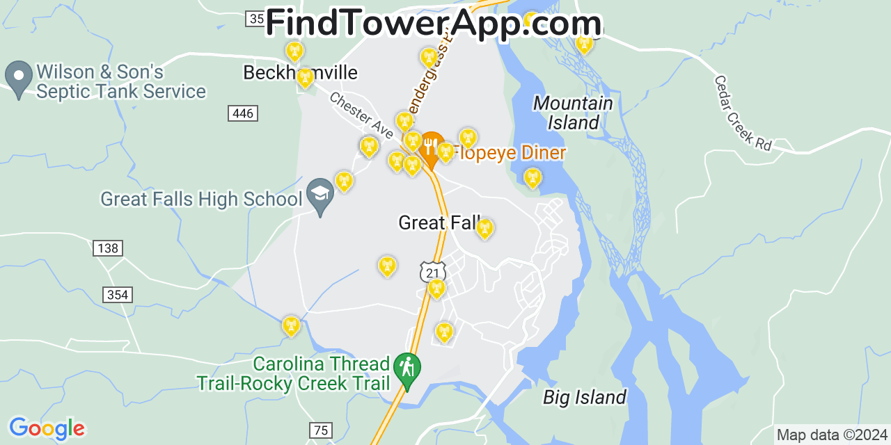 Verizon 4G/5G cell tower coverage map Great Falls, South Carolina