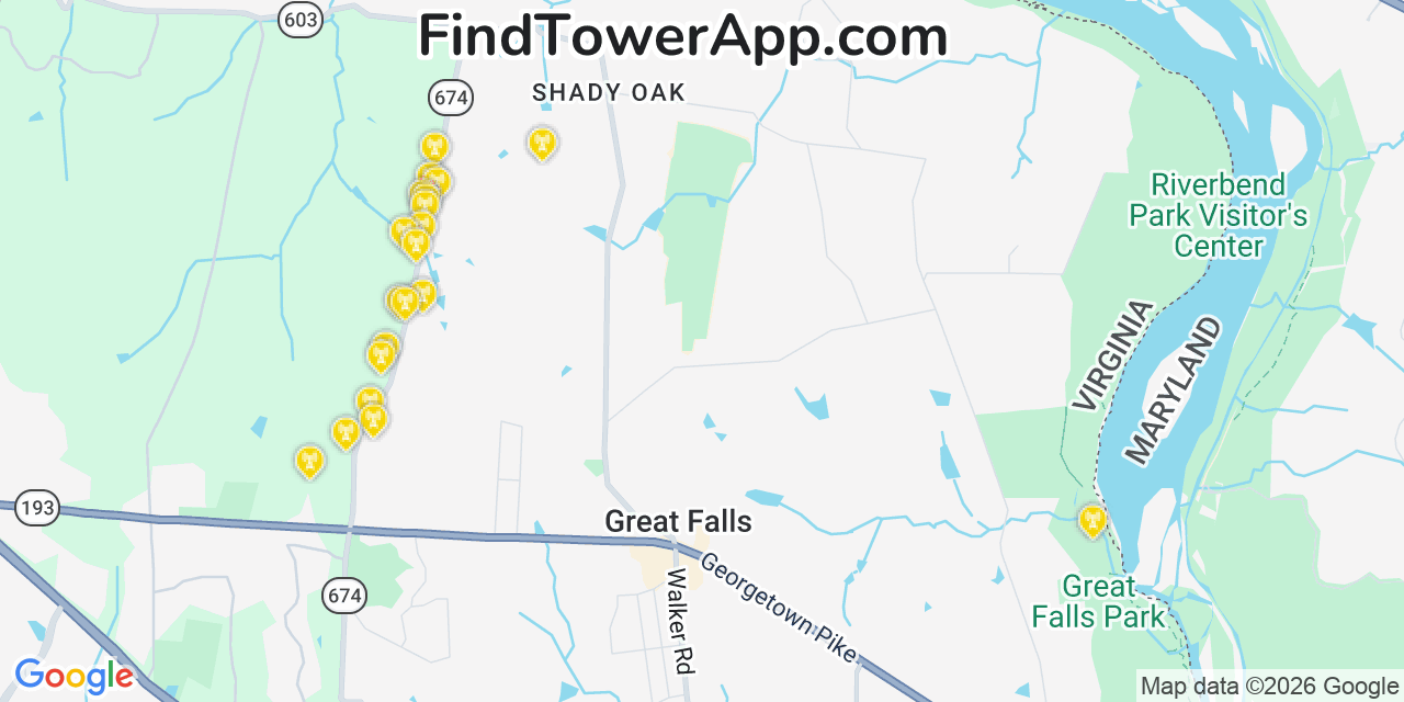 Map showing the 20 primary cell tower locations detected in Great Falls, Virginia from AT&T, Verizon, and T-Mobile networks