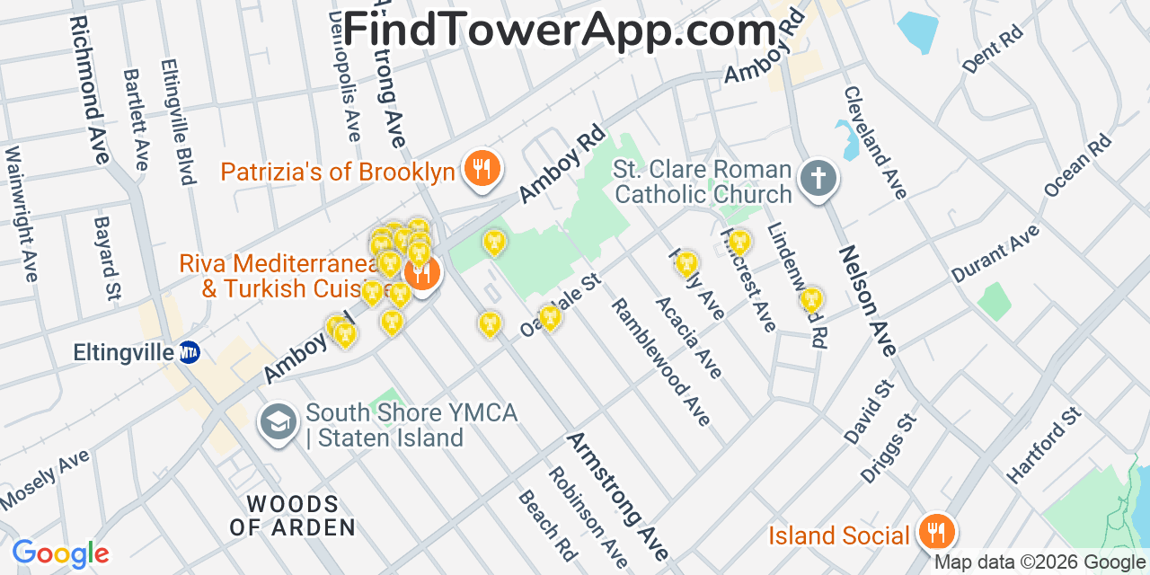 Map showing the 20 primary cell tower locations detected in Great Kills, New York from AT&T, Verizon, and T-Mobile networks