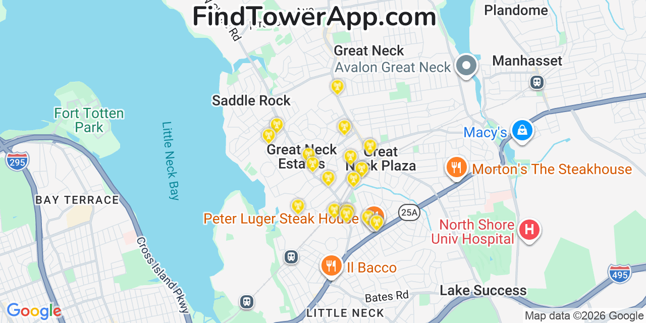 Map showing the 20 primary cell tower locations detected in Great Neck Estates, New York from AT&T, Verizon, and T-Mobile networks