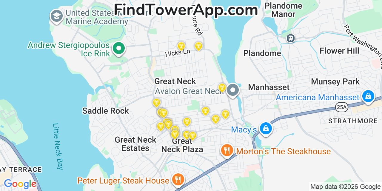 Map showing the 20 primary cell tower locations detected in Great Neck Gardens, New York from AT&T, Verizon, and T-Mobile networks