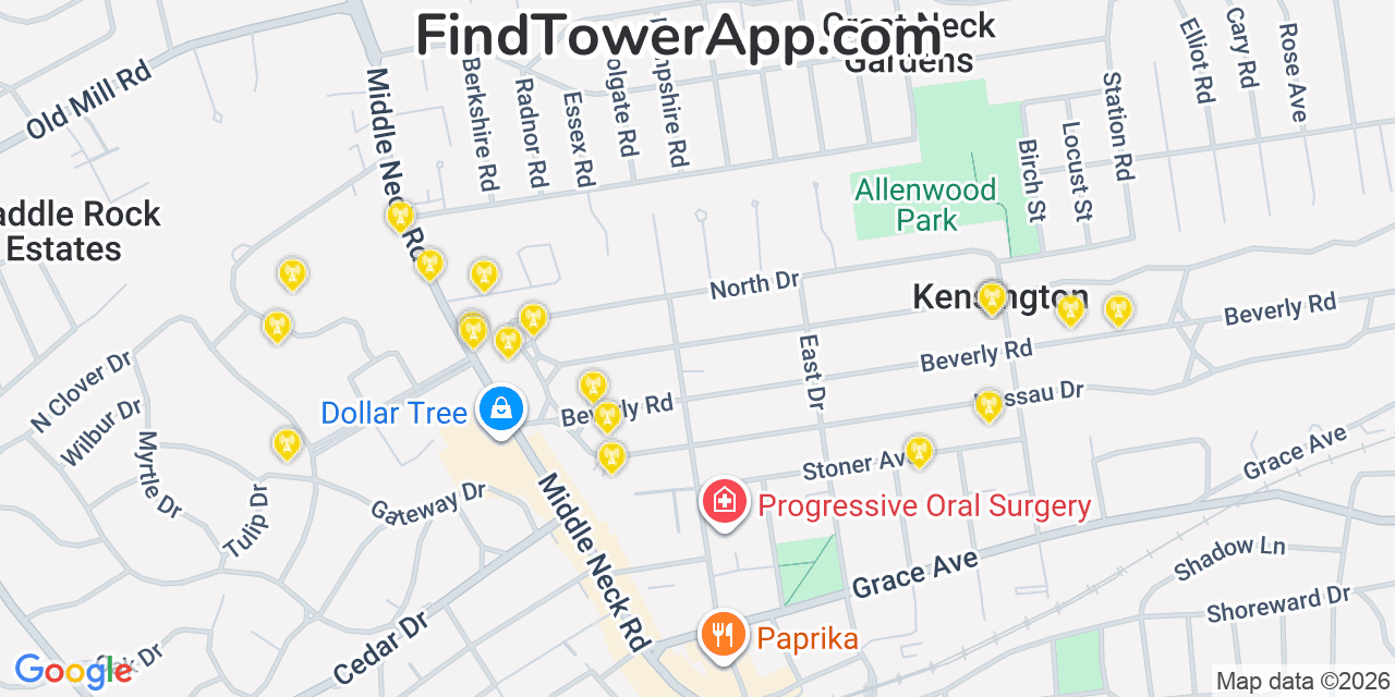 Map showing the 20 primary cell tower locations detected in Great Neck, New York from AT&T, Verizon, and T-Mobile networks