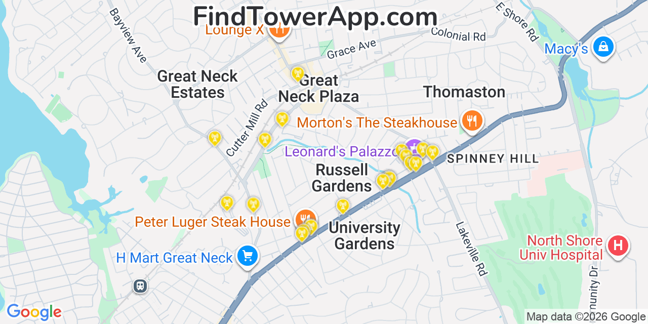 Map showing the 20 primary cell tower locations detected in Great Neck Plaza, New York from AT&T, Verizon, and T-Mobile networks