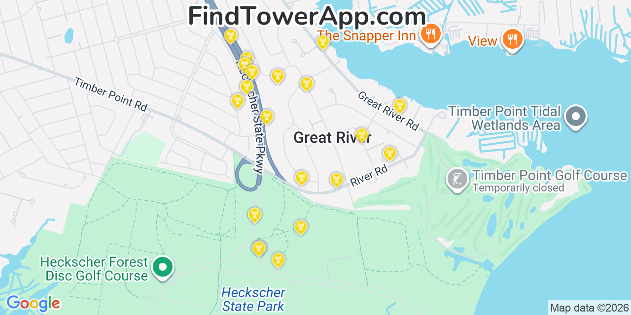 Map showing the 20 primary cell tower locations detected in Great River, New York from AT&T, Verizon, and T-Mobile networks