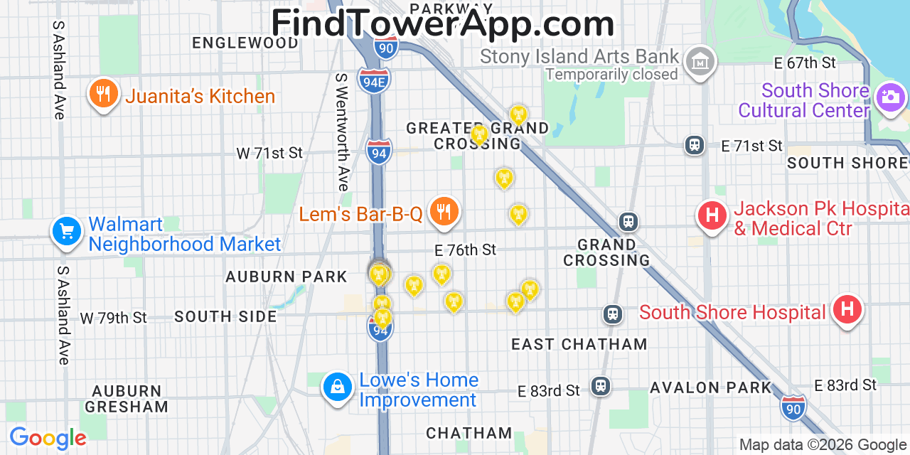 Map showing the 20 primary cell tower locations detected in Greater Grand Crossing, Illinois from AT&T, Verizon, and T-Mobile networks