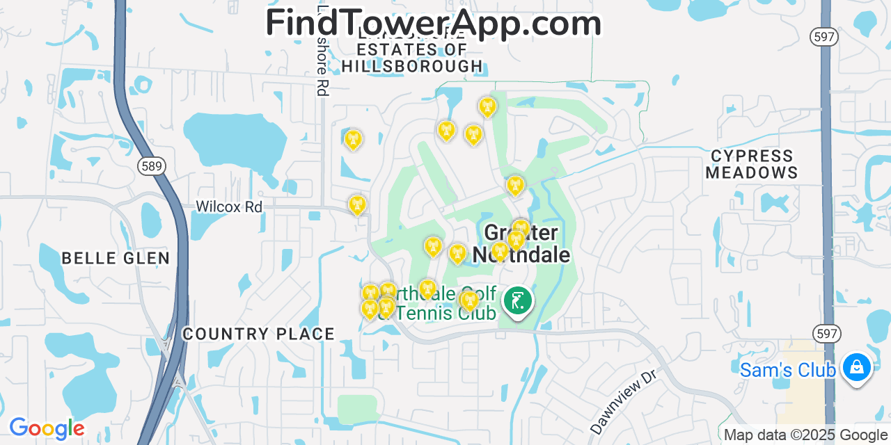 Map showing the 20 primary cell tower locations detected in Greater Northdale, Florida from AT&T, Verizon, and T-Mobile networks