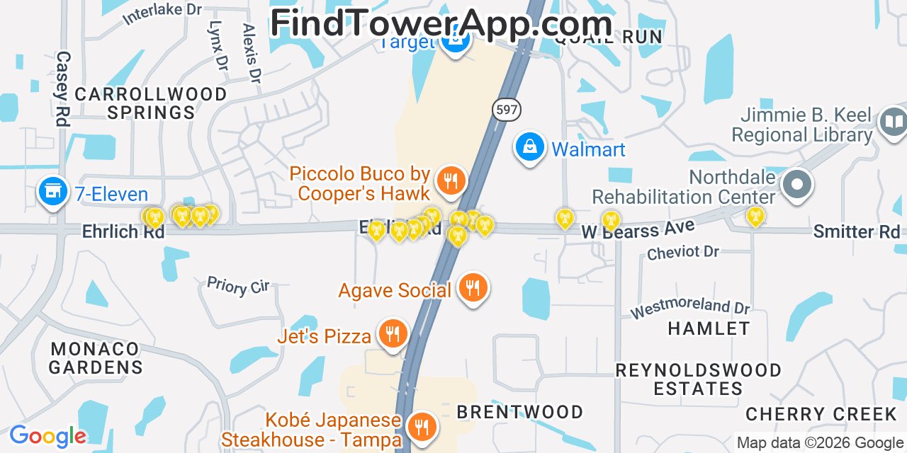 Map showing the 20 primary cell tower locations detected in Greater Northdale, Florida from AT&T, Verizon, and T-Mobile networks