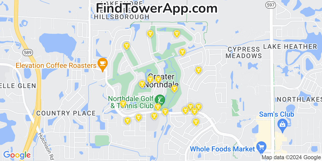 Verizon 4G/5G cell tower coverage map Greater Northdale, Florida