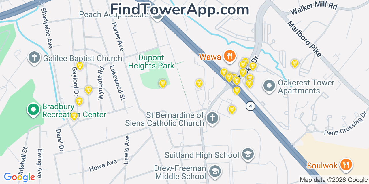 Map showing the 20 primary cell tower locations detected in Greater Upper Marlboro, Maryland from AT&T, Verizon, and T-Mobile networks