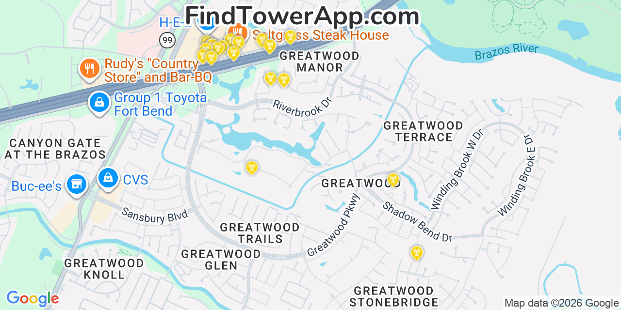 Map showing the 20 primary cell tower locations detected in Greatwood, Texas from AT&T, Verizon, and T-Mobile networks