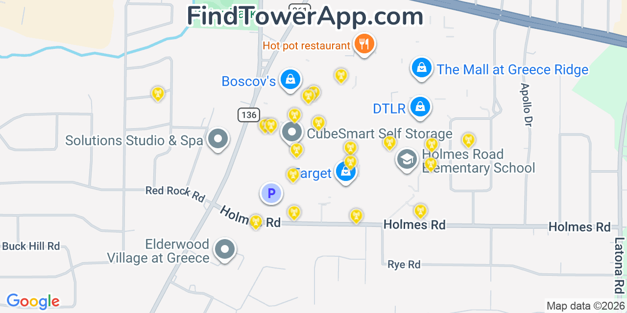 Map showing the 20 primary cell tower locations detected in Greece, New York from AT&T, Verizon, and T-Mobile networks