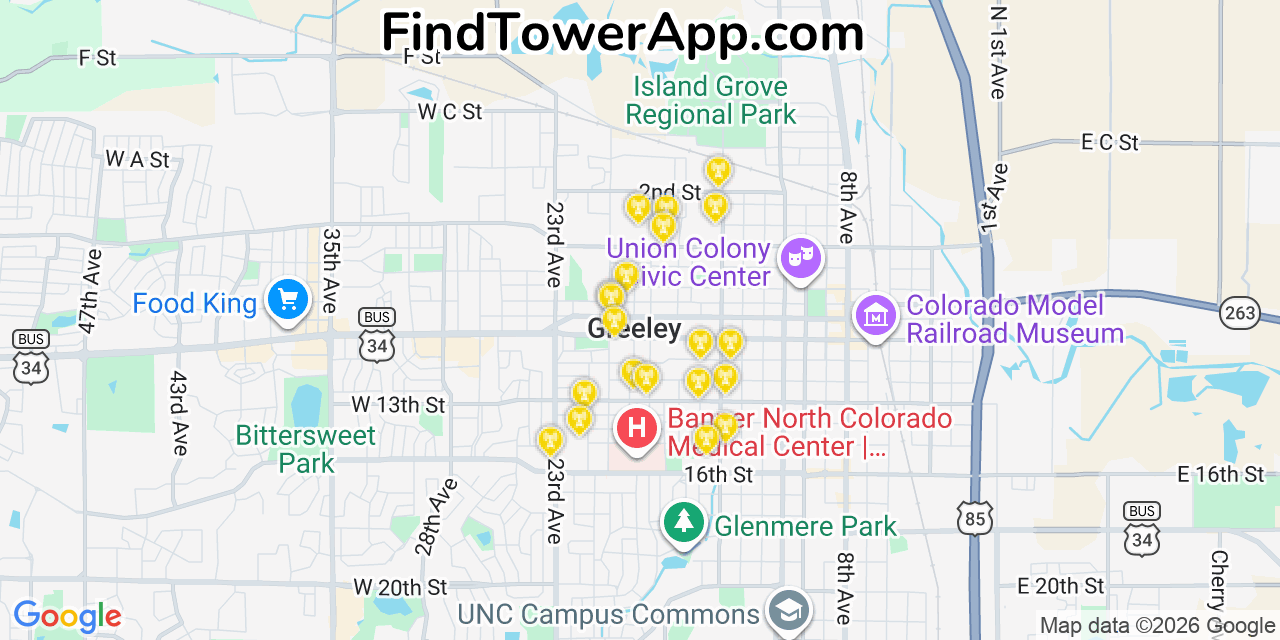 Map showing the 20 primary cell tower locations detected in Greeley, Colorado from AT&T, Verizon, and T-Mobile networks