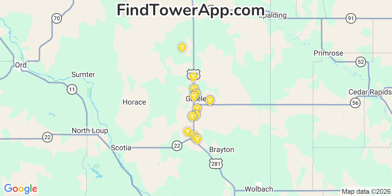 Map showing the 20 primary cell tower locations detected in Greeley, Nebraska from AT&T, Verizon, and T-Mobile networks