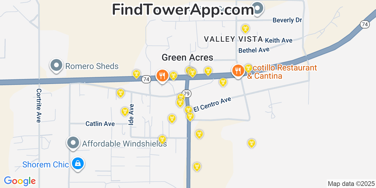 Map showing the 20 primary cell tower locations detected in Green Acres, California from AT&T, Verizon, and T-Mobile networks
