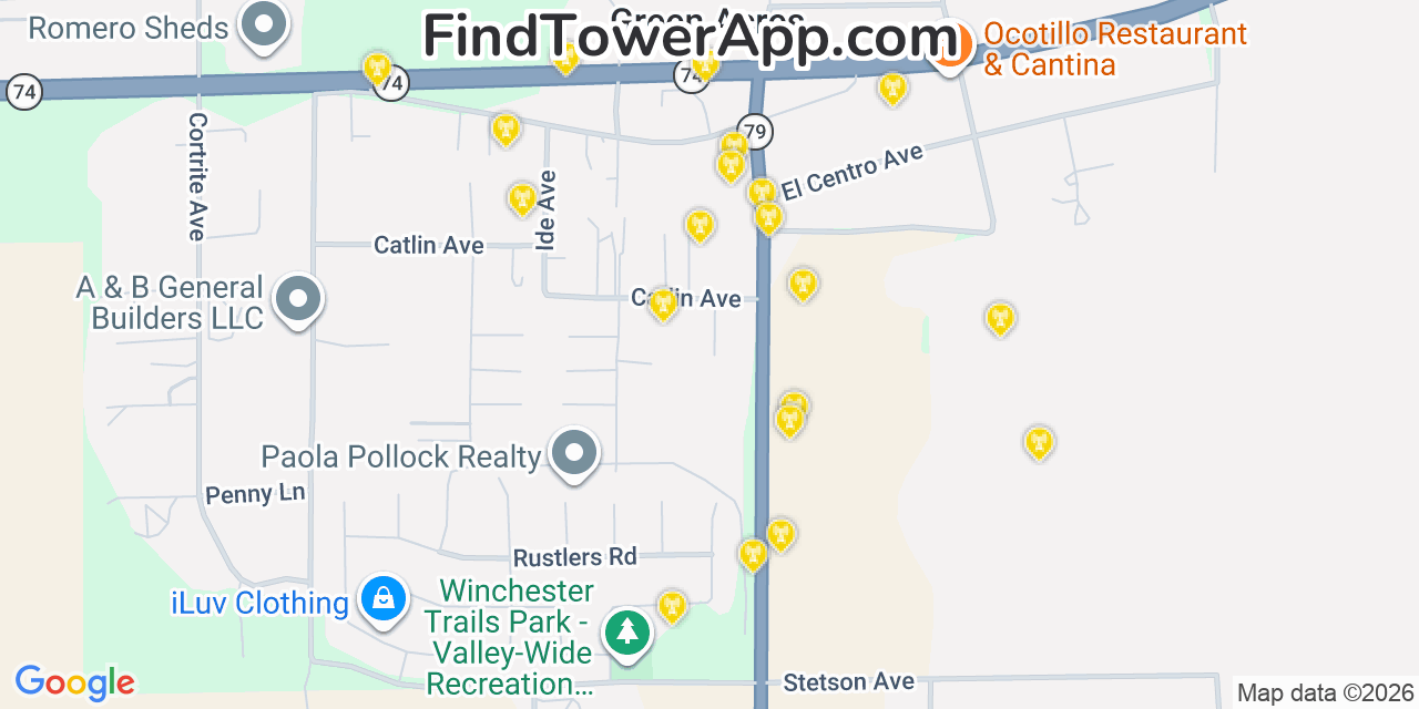 Map showing the 20 primary cell tower locations detected in Green Acres, California from AT&T, Verizon, and T-Mobile networks